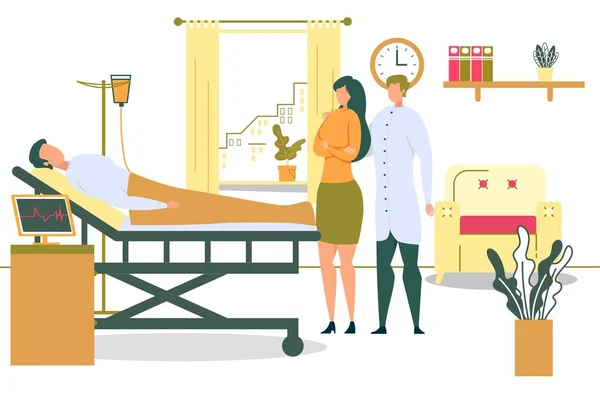 Paciente en cama de hospital con gotero mujer visita — Vector de stock