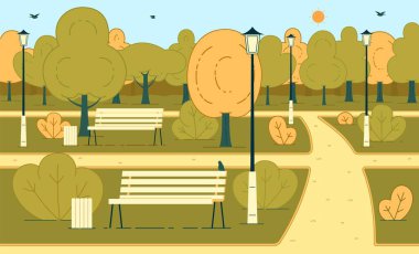Park Düz Vektör Arkaplanında Güneşli Sonbahar Günü