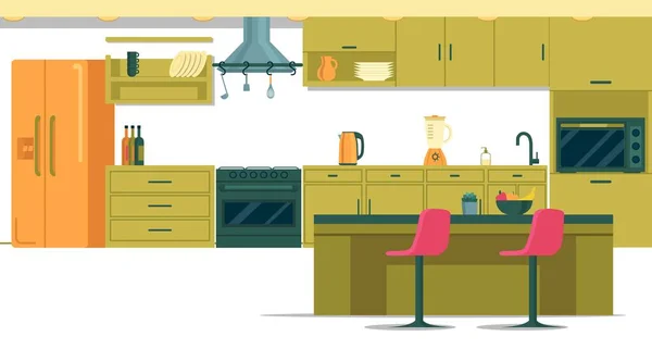 Spacious Well-equipped Kitchen with Kitchen Island — Stock Vector