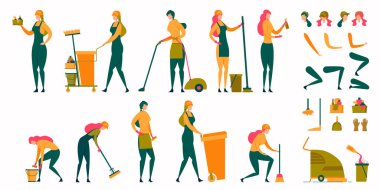 Ev hanımı, hizmetçi kadın, temizlikçi kadın seti.