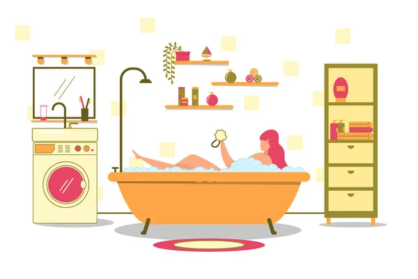Frau entspannt sich im Bad mit Schaumvektorkonzept — Stockvektor