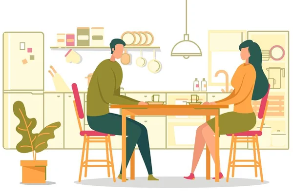 Man Woman Sit at Table in Kitchen Room Talking — Stock Vector
