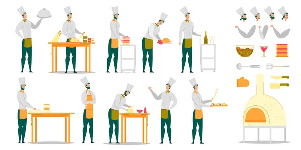 Chef Cook Hombre Carácter en el Trabajo Creación Set — Vector de stock