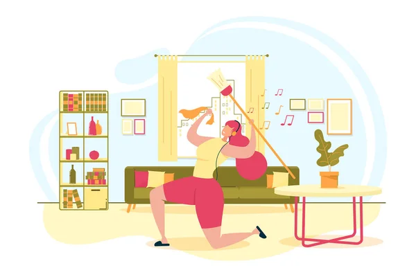 Happy Woman Cleaning House Flat Vector Concept — Stockový vektor