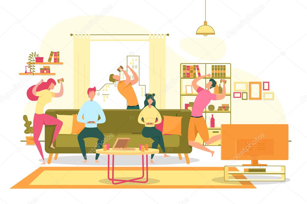 Friends Home Gaming Party Flat Vector Concept