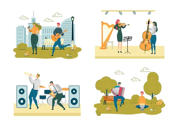 Musicians Street y escenografía escénica — Vector de stock