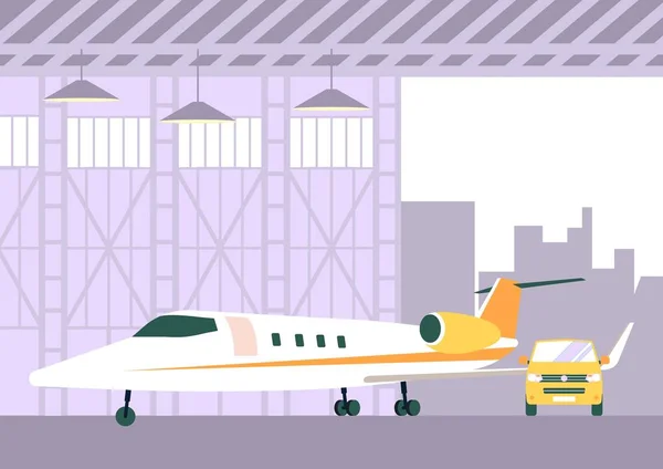 Avión y coche en Hangar Private Jet Flight — Vector de stock