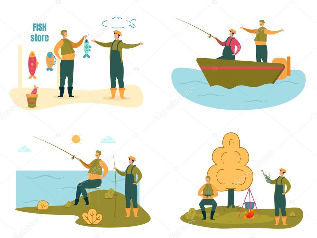 Fishermen or Fishers with Rods and Fishing Outfit.