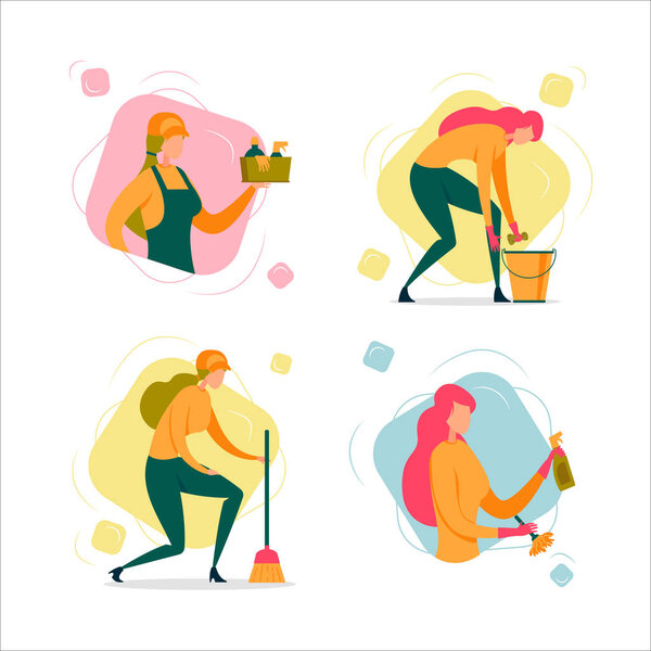 Woman Busy with Homework and Household Vector Set.