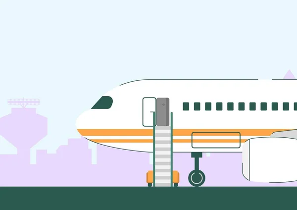 Λευκό αεροπλάνο με ανοιχτή πόρτα και σκάλα στο διάδρομο — Διανυσματικό Αρχείο