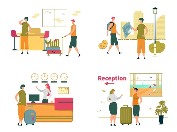 Voyageurs ou touristes à Aéroport, Hôtel et Ville . — Image vectorielle