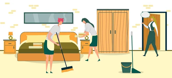 Limpieza de limpieza de la habitación del hotel, Administrador viene . — Vector de stock