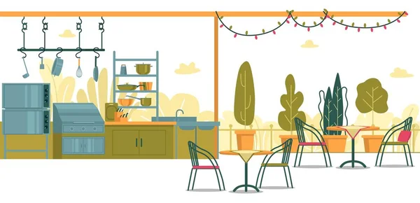 Summer Kitchen Street Cafe em cores verdes, Flat . — Vetor de Stock