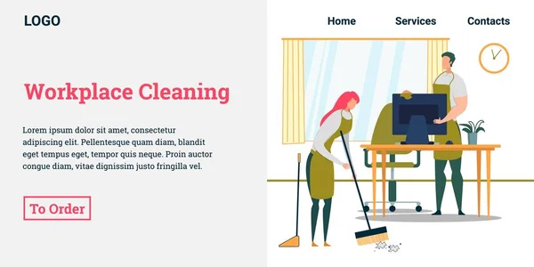 Werkplaats schoonmaken, Vrouw vegen vloer, Vegen. — Stockvector