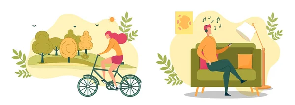 Cartoon Woman Ride Bicycle Man Listening Music