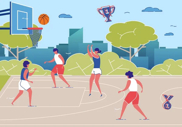 Frauen trainieren und spielen Basketball auf dem Platz — Stockvektor
