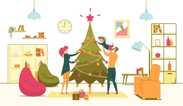 Família feliz com filho Decore árvore de Natal — Vetor de Stock