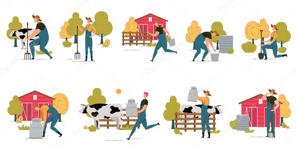 Farmer Agricultural Worker at Farm Scene Flat Set