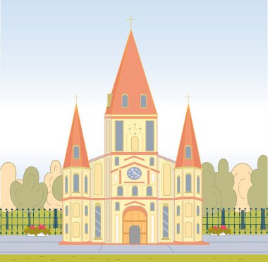 Catholic Church with Spire, Stained Glass Windows