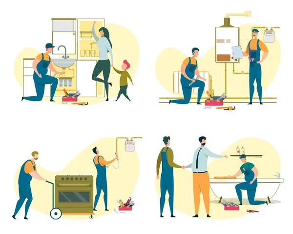 Set of Electricians and Plumbers Doing Orders — 스톡 벡터