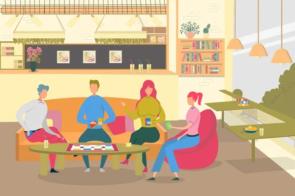 Friends Play Board Game in Cafe Flat Illustration — ストックベクタ