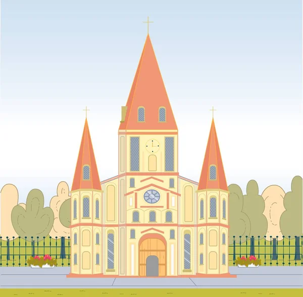 Église catholique avec flèche, vitraux — Image vectorielle