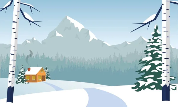 Paisaje de invierno con casa solitaria y montañas — Vector de stock