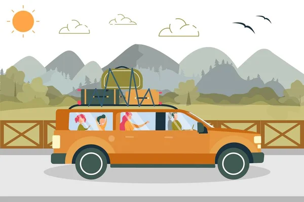 Батьки й діти подорожують автомобілем з багажними мішками — стоковий вектор