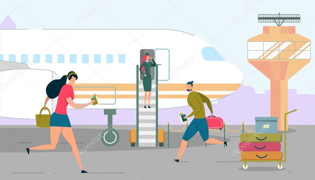 Man and Woman with Tickets Hurry Up on Airplane