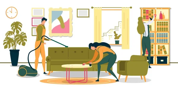 Flat Workers Team Cleaning Living Room Furniture. — Stock Vector