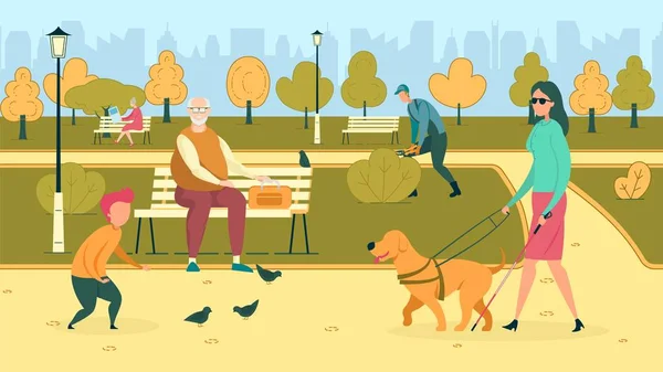 Mulher cega com cão guia andando no parque Flat . —  Vetores de Stock