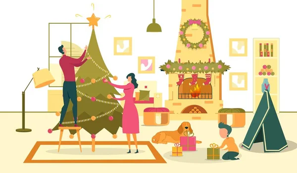 Famille avec chien Se préparer pour les vacances de Noël — Image vectorielle