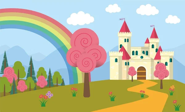 Paisagem de conto de fadas bonito com castelo e arco-íris —  Vetores de Stock