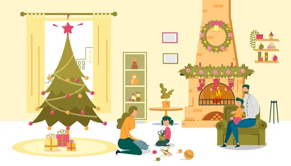 Natal Feliz Tempo, os pais brincam com as crianças — Vetor de Stock