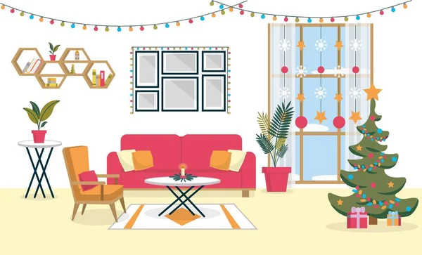 Feestelijke kerstversiering Woonkamer Interieur — Stockvector