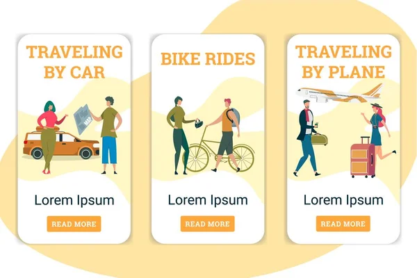 Resa med flyg, Bil och cykel ryttare Mobile App — Stock vektor