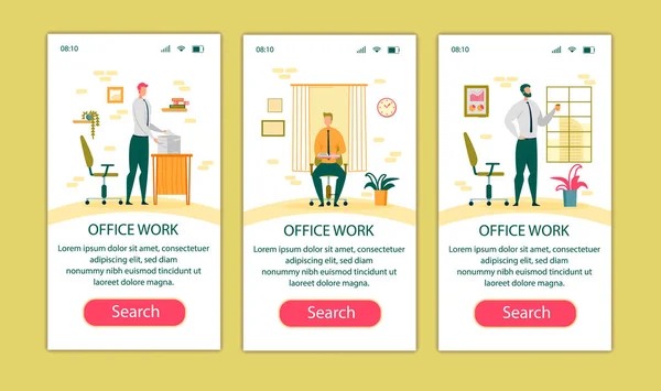 Page d'application mobile Office Work Ensemble d'écran embarqué — Image vectorielle