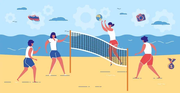 Equipo Femenino Jugar Voleibol en Summer Beach Court — Archivo Imágenes Vectoriales