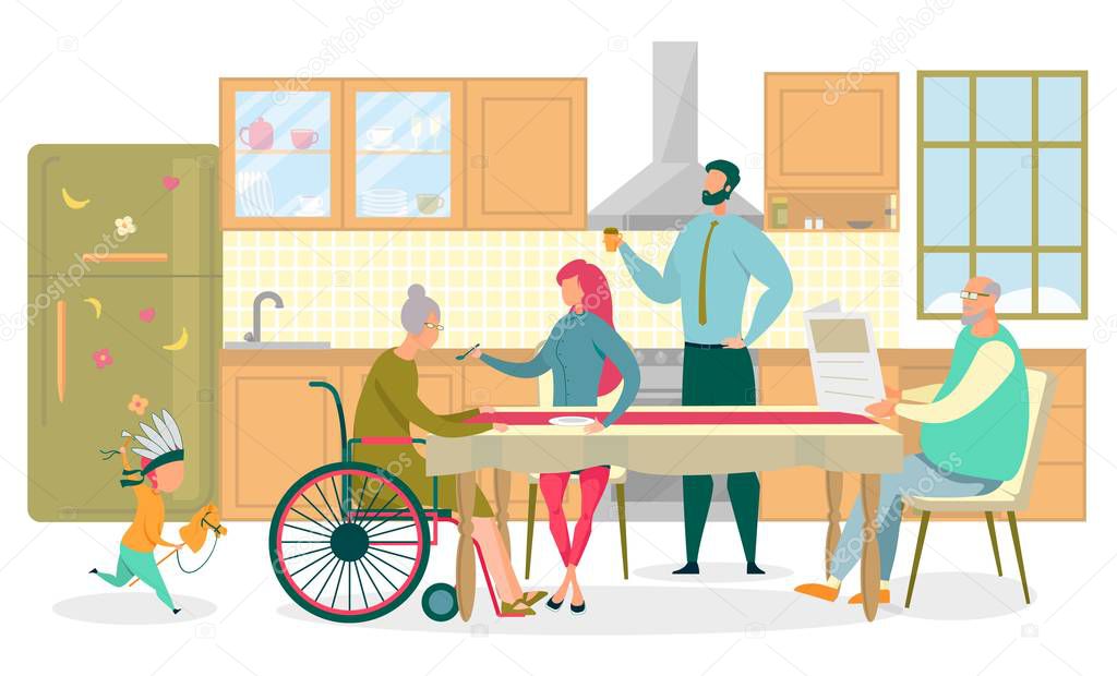 Family Sitting at Table, Woman in Wheelchair.