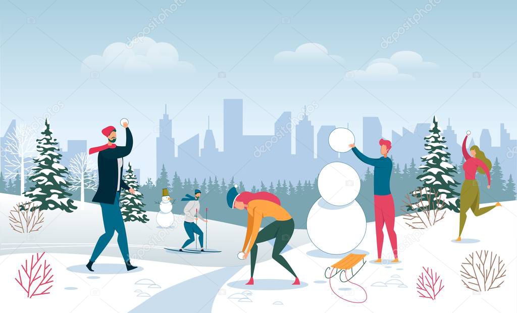 Outdoor Urban Winter Activity Vector Illustration