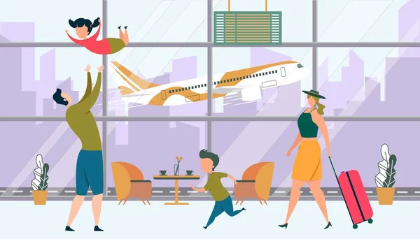 Glad familj vänta ombordstigning på flygplan på flygplatsen — Stock vektor