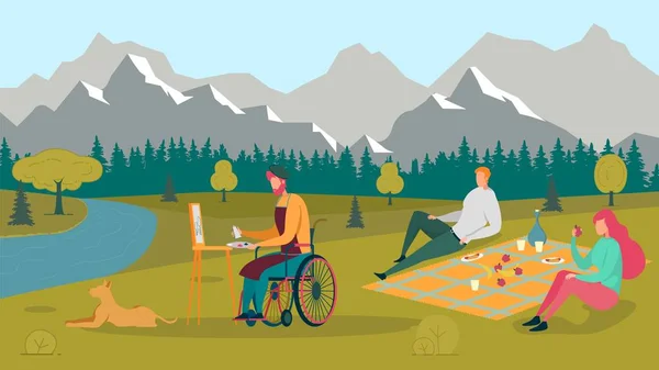 Artysta z niepełnosprawnością na wózku inwalidzkim Malarstwo. — Wektor stockowy