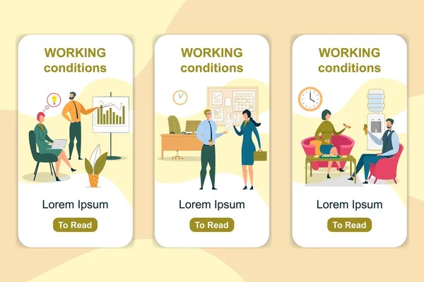 Arbeitsbedingungen Onboarding App Screen Template — Stockvektor