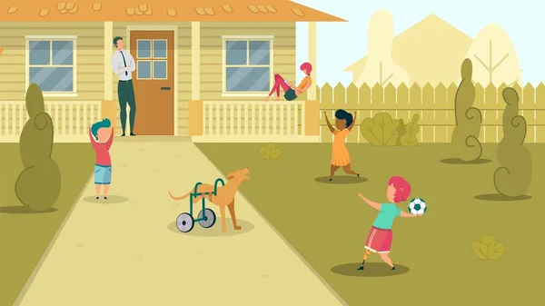 Children Playing, Kid and Dog with Prosthesis. — стоковий вектор