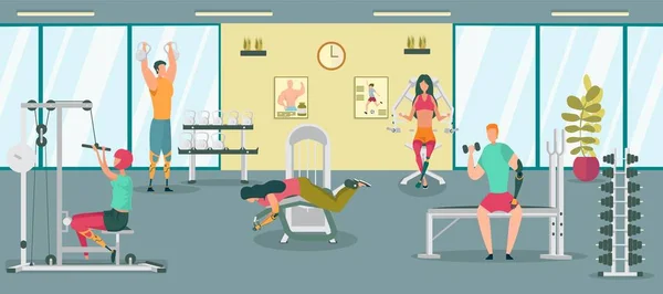 Disabled People Having Rehabilitation in Gym. — 图库矢量图片
