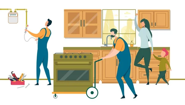 Lavoratori Installare nuovo forno in cucina. Donna felice. — Vettoriale Stock