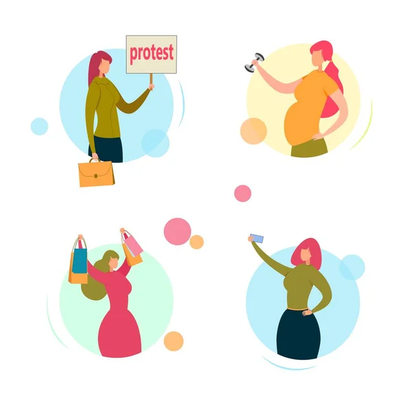 Personajes femeninos Protestando, haciendo ejercicio, comprando . — Vector de stock