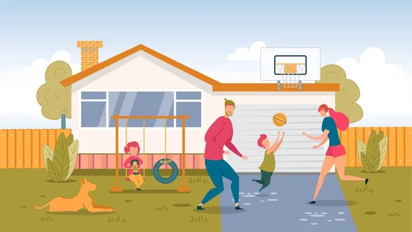 Szczęśliwa rodzina gra w piłkę na podwórku w domu — Wektor stockowy