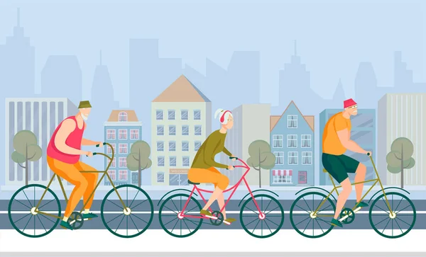Grupo de personas mayores en bicicleta en City Road . — Vector de stock