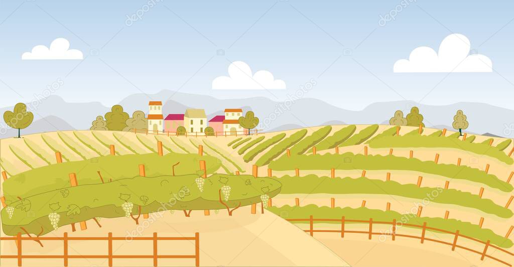 Picturesque Vineyard with Ripe Fruit near Farm.